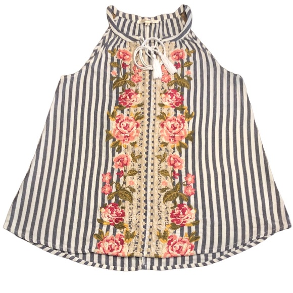 Andree by Unit floral Embroidered Chambray White Striped sleeveless tass… - Picture 1 of 8